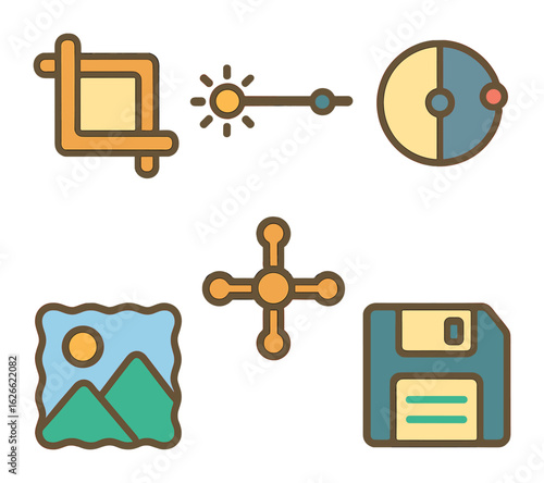 Children's Photo Editing Icons. Flat vector mini-illustrations Editing before archiving photos in colors