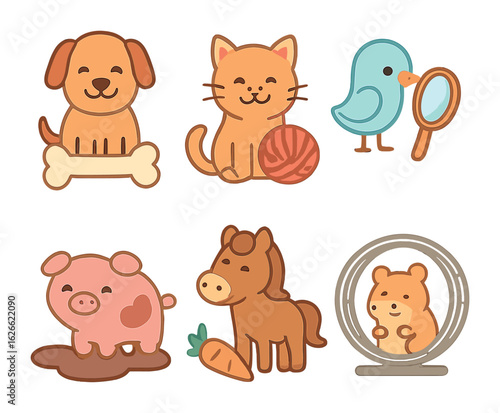Favorite Things Animals. Flat vector mini-illustrations Animals and their favorite things in colors children's