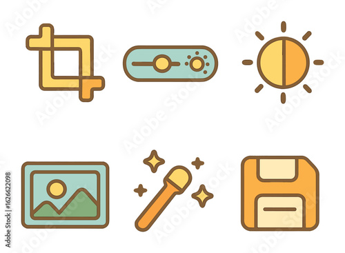 Children's Photo Editing Icons. Flat vector mini-illustrations Editing before archiving photos in colors