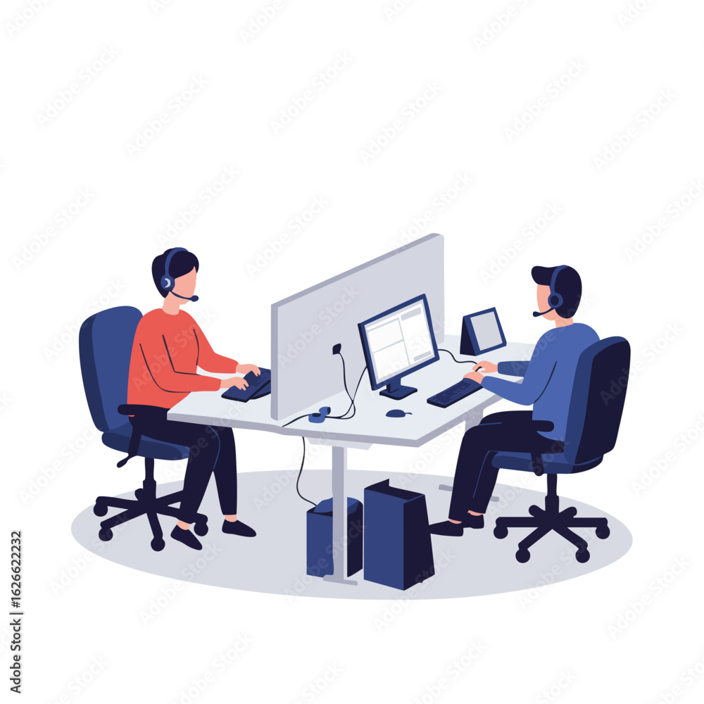 Two customer service agents are sitting at their desks wearing headsets, using computers and tablets to assist customers, showcasing a modern office workspace. Two customer service agents are sitting at their desks wearing headsets, using computers and tablets to assist customers, showcasing a modern office workspace.