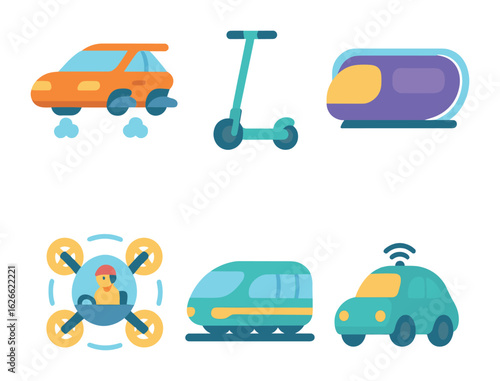 Futuristic Transport Icons. Flat vector mini-illustrations Futuristic transportation concepts in colors