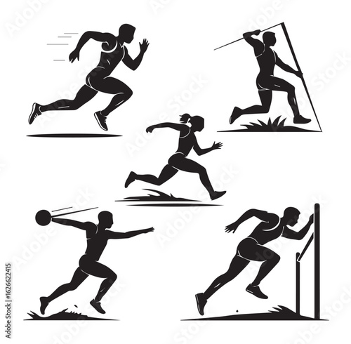 Athletic Event Silhouettes – Sprinter, Long Jump, Pole Vault, Discus Throw, Relay Race, and High Jump Icons