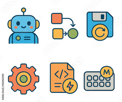 Automation Tools for Kids. Flat vector mini-illustrations Task automation in colors children's illustrations: