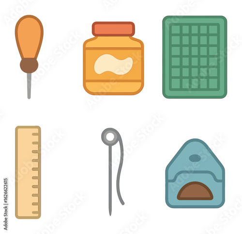 Bookbinding Tools Grid. Flat vector mini-illustrations Handcraft tools for bookbinding in colors children's