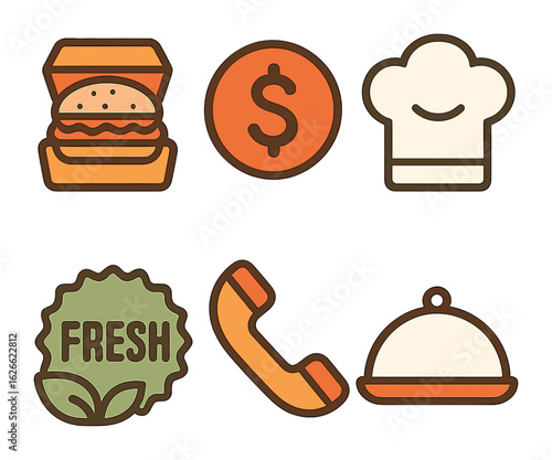 Playful Food Icons. Flat vector mini-illustrations Food flyer composition in colors children's illustrations: