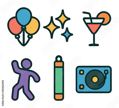 Children's Party Icons. Flat vector mini-illustrations Party flyer assets in colors children's illustrations: