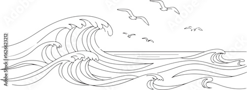 Black and white ocean wave illustration with flying birds, vector graphic design element