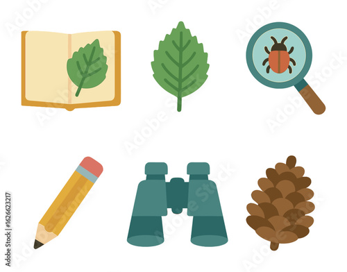 Nature Journaling Icons. Flat vector mini-illustrations Nature journaling for wellness in colors children's