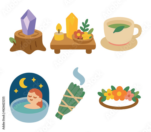 Nature Rituals Icons. Flat vector mini-illustrations Nature healing rituals in colors children's illustrations