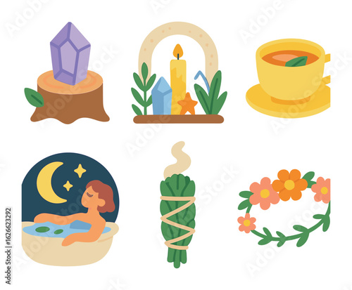 Nature Rituals Icons. Flat vector mini-illustrations Nature healing rituals in colors children's illustrations