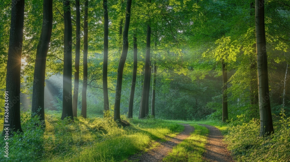 Obraz premium Sunlit forest path dappled with green light trees sunlight