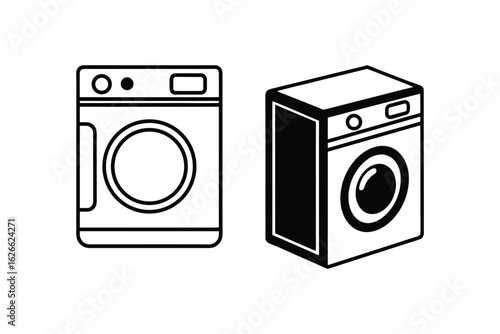 Two washing machine icons in a simple line art and silhouette style showing front view and isometric perspective for laundry and home appliance concepts