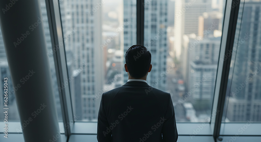 Fototapeta premium Businessman Looking at City Skyline from Office Window
