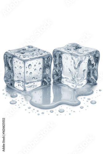 Two melting ice cubes with water droplets on transparent background