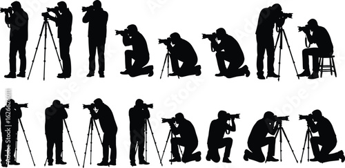 Photographer Silhouettes in Various Poses with Camera and Tripod, Professional Photography Set, Black Silhouettes for Creative Graphic Design