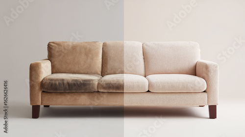 A beige sofa before and after professional dry cleaning with a clean and a stained side. The sofa has wooden legs and a simple design