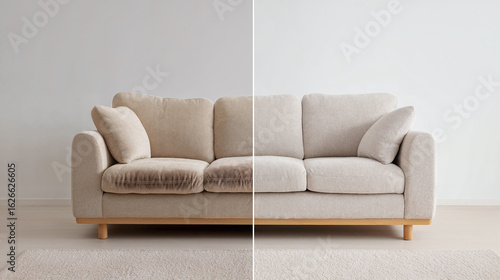 A beige sofa before and after professional dry cleaning with a clean and a stained side. The sofa has wooden legs and a simple design