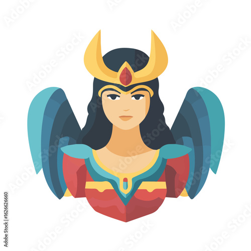Flat 2D Valkyrie illustration, vector graphic in icon style, on white background