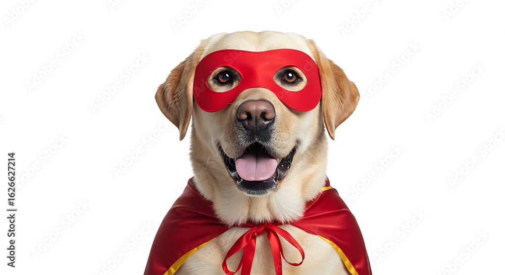 labrador wearing a red mask and a cape in a dog superhero costume for carnival or halloween disguise, isolated studio shot against white background, subject at the bottom with copy space at the top labrador wearing a red mask and a cape in a dog superhero costume for carnival or halloween disguise, isolated studio shot against white background, subject at the bottom with copy space at the top