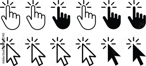Set of Click Cursor Icons - Mouse Pointer and Hand Pointer with Click Spark in Outline and Solid Style