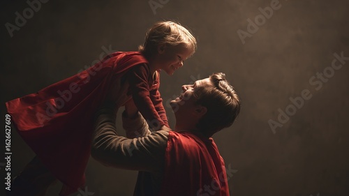 A dad in a red superhero cape lifts his laughing son into the air, capturing a joyful and emotional family moment in warm lighting.

