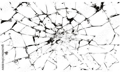 Cracked glass texture with grunge punk and vintage distressed effects for album cover overlays or wallpaper backgrounds. Vector shattered, smashed window glass with bullet impacts