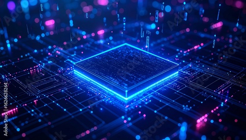 Futuristic central processor unit glowing with blue neon light on a circuit board