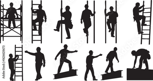 Construction Worker Climbing Ladder and Scaffolding Silhouette Set