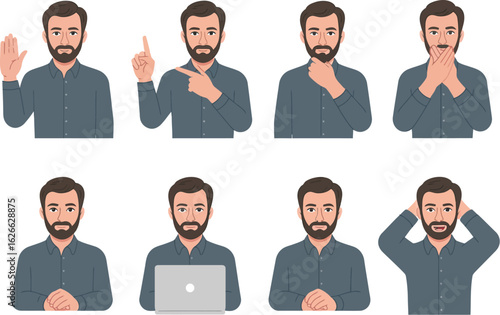 Set of Man with Beard and Man Bun Expressions - Stop, Idea, Concentration, Surprise, Stress, and Working Pose