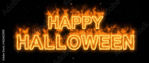 Happy Halloween Text Burning with Fire Animation on Black Background