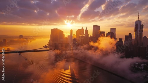 Cityscape at Dawn: A breathtaking panoramic view of a bustling city skyline at dawn, bathed in the warm hues of sunrise. Featuring skyscrapers silhouetted against a stunning display of clouds. 