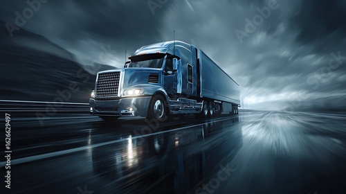 Powerful blue semi truck driving on wet highway under dramatic stormy skies