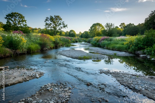 Picturesque river landscape with lush greenery and a serene water flow