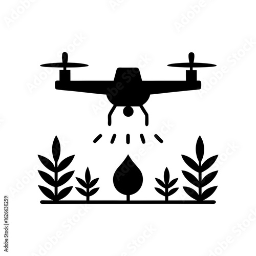 Drone spraying crops silhouette in smart farming for agricultural tech illustration