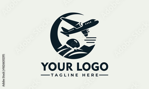 A stylized logo featuring an airplane soaring above stylized mountains and a crescent moon, designed for a travel or aviation company.