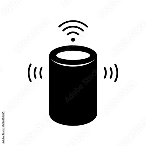 Silhouette of smart speaker with sound waves for voice assistant and home control