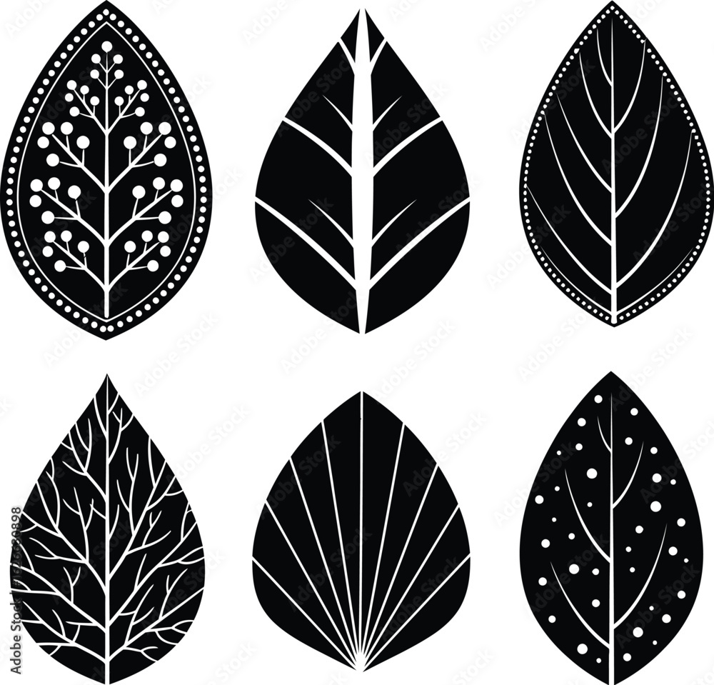 Fototapeta premium Stylized Black and White Leaf Silhouettes Set