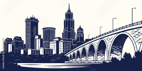 Stone Arch Bridge & Minneapolis Skyline Silhouette - Vector Illustration