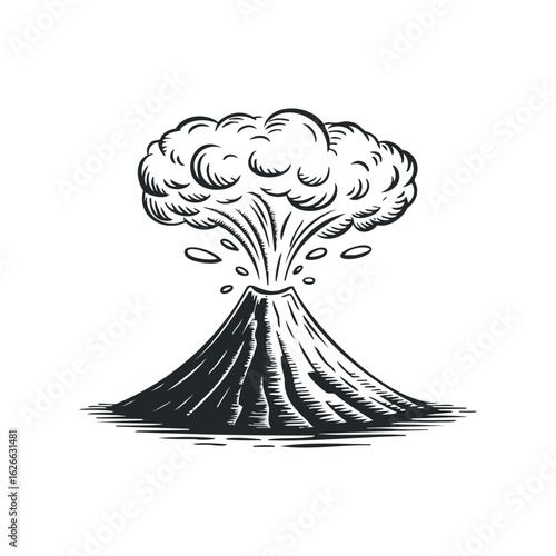 Engraved style drawing of an erupting mountain with plume and debris