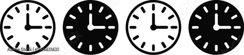 Set of Analog Clock Icons Showing Quarter Past Three in Black and White - Time Management and Schedule Symbol
