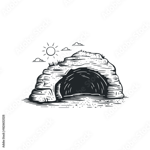 Doodle illustration of a rocky cave entrance under the sunlight in a natural landscape