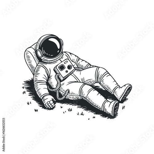 Astronaut lying down in field of grass wearing space suit with retro camera
