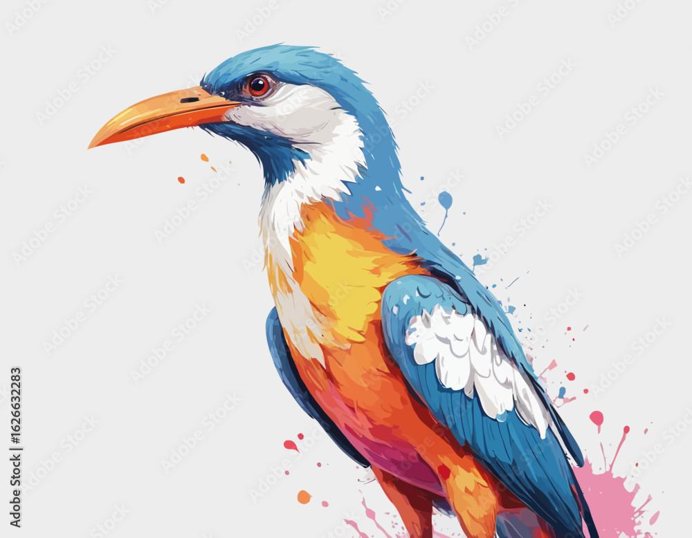 Obraz premium This is a dynamic and colorful watercolor style illustration of a bird, possibly a kingfisher or a similar small bird. The bird is captured in a mid-movement pose, as if landing or taking o (23)