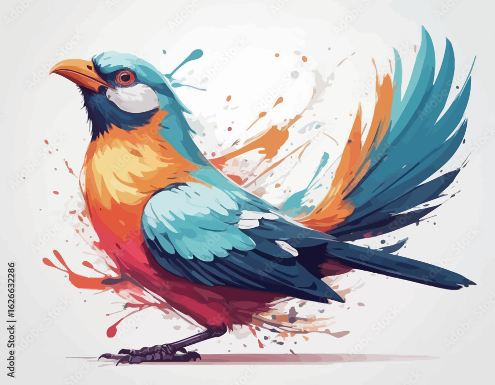Obraz premium This is a dynamic and colorful watercolor style illustration of a bird, possibly a kingfisher or a similar small bird. The bird is captured in a mid-movement pose, as if landing or taking o (23)