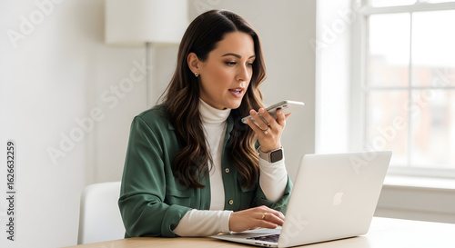 Confident businesswoman using voice recorder on laptop modern office professional communication technology digital workspace entrepreneur