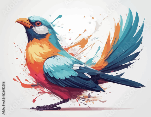 This is a dynamic and colorful watercolor style illustration of a bird, possibly a kingfisher or a similar small bird. The bird is captured in a mid-movement pose, as if landing or taking o (23)