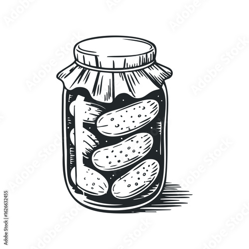 Hand drawn illustration of pickles in a jar preserved with cloth and metal