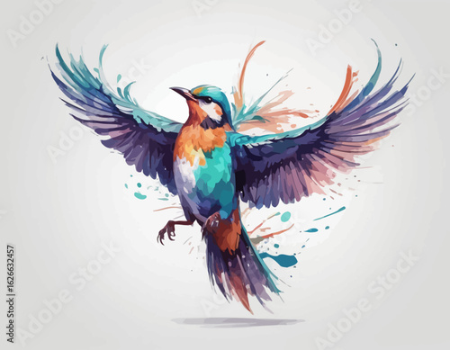 This is a dynamic and colorful watercolor style illustration of a bird, possibly a kingfisher or a similar small bird. The bird is captured in a mid-movement pose, as if landing or taking o (23)