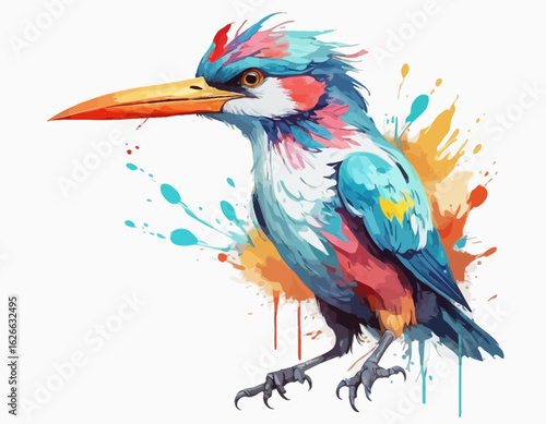This is a dynamic and colorful watercolor style illustration of a bird, possibly a kingfisher or a similar small bird. The bird is captured in a mid-movement pose, as if landing or taking o (23)