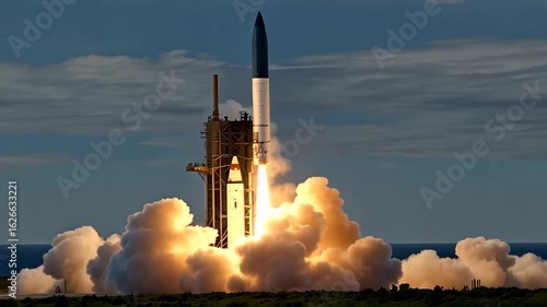 A rocket racing toward space through the atmosphere. 4k